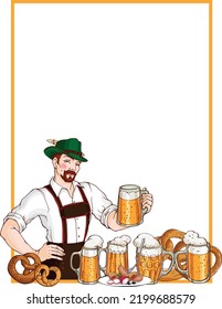 Vektorrechteck-Rahmen dekoriert Illustration von jungen gut aussehenden Mann mit traditionellen bayerischen Kleidung, Bier, Brezel, Würstchen. Für Oktober fest Design-Karte, Poster, Menü mit leeren Platz für Text.