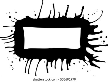 Vector rectangle frame of ink with paint drips in different directions. Drops swollen using air flow. Grungy dirty style with small splashes of paint in chaotic manner. Space for text in the middle.