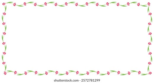 Vector rectangle frame from red tulips. Spring flowers. Bright background, border, decoration for greeting card, invitation, Valentine's, Women's or Mother day