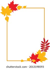 Vector rectangle frame with red and yellow autumn leaves of maple, rowan. birch. For design card, poster, illustration.