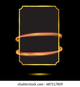Vector rectangle gold  frame with light effect magic gold circle.Glowing light fire ring or glitter sparkle swirl trail. Shining banner with lighting  effects .empty space for your text  illustration