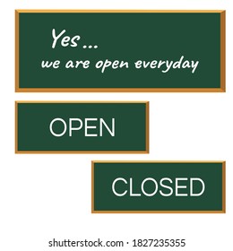 Vector rectangle green board frame or background with text information Yes we are open everyday , OPEN and CLOSED drawing on white 