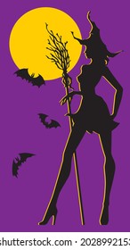 Vector rectangle halloween  stories wallpaper. Black silhouette of pretty slim young witch with hat and broom, flying bats, round yellow moon on violet background.