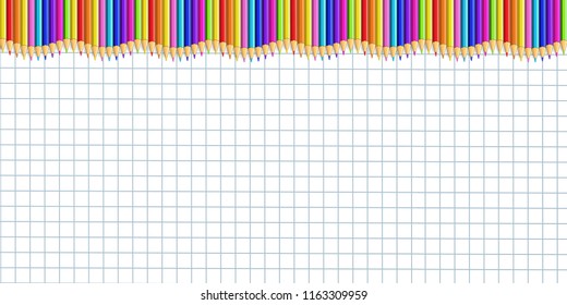 Vector rectangle up line border made of colorful wooden pencils on graphing paper background. Back to school framework bordering template concept, banner, poster with empty copy space for text