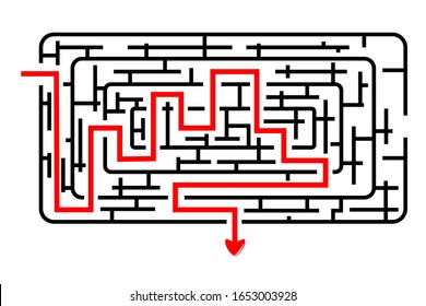 Vector Rectangle Rounded Corner Maze, Red Line from in to out with arrow
