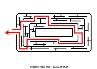 Vector Rectangle Rounded Corner Maze, Red Line from in to out with arrow
