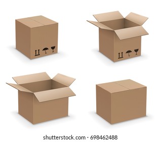 Vector rectangle shape box set, recycle or packaging brown cardboard boxes collection, open, closed and sealed