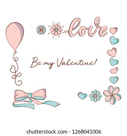 Vector rectangle shaped frame for Valentine's Day in pink and turquoise colors with flowers, hearts, balloon and lettering Love. Beautiful hand drawn border for romantic postcard design.
