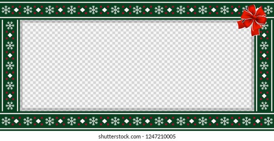 Vector rectangle template, frame, banner, billboard, signboard, copy space. Cute Christmas or New Year green bordering frame with snowflake pattern ornament and red bow on transparent background.