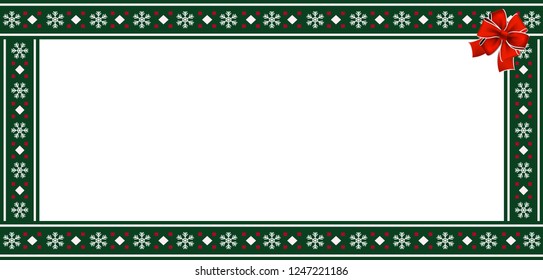 Vector rectangle template, frame, banner, billboard, signboard, copy space. Cute Christmas or New Year green border frame with snowflakes pattern ornament and red festive ribbon on white background.