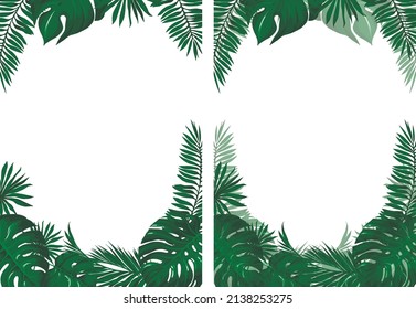 Vector rectangle template with fresh green tropical leaves of palm and monstera. For summer design of card, poster, invitation.
