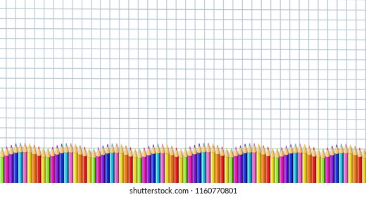 Vector rectangle wavy border frame made of multicolor wooden pencils on white checkered notebook sheet background. Back to school framework bordering template concept, with copy space for text.