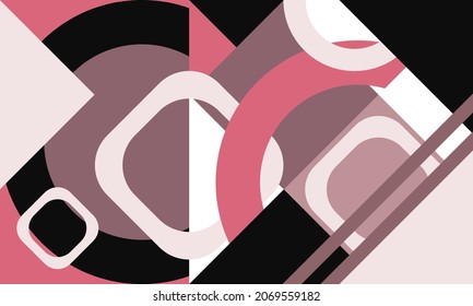 Vector rectangular abstract background, geometric shapes of circles, rectangles, corners, triangles. Black, pink, cream colors. Eps 10.