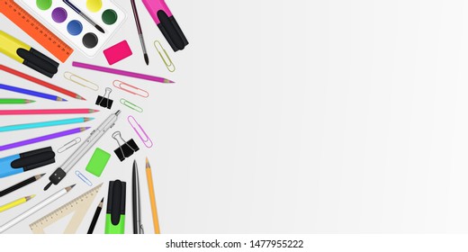 Vector rectangular background with office and school stationery. EPS 10