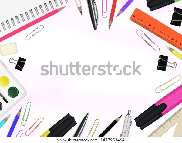Vector rectangular\
background with office and school stationery and notebook with\
silver spiral. EPS 10.