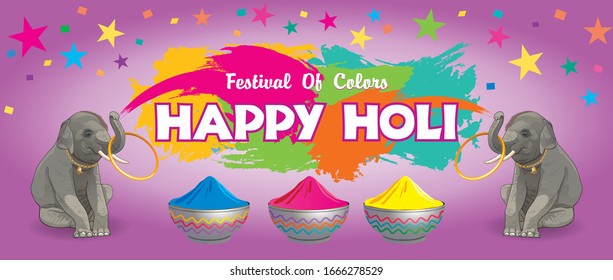 Vector of rectangular banner with elephants, bright colors and stars to the festival of Holi