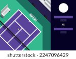 Vector rectangular blank colorful sport template with purple court and name tags for tennis match.