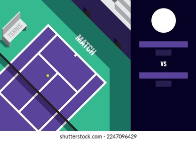 Vector rectangular blank colorful sport template with purple court and name tags for tennis match.