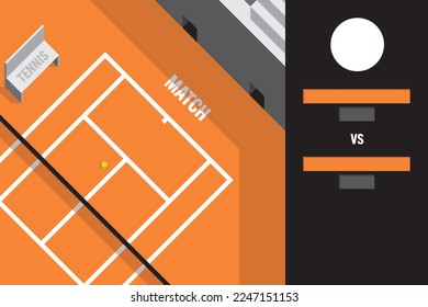 Vector rectangular blank colorful sport template with orange court and name tags for tennis match.