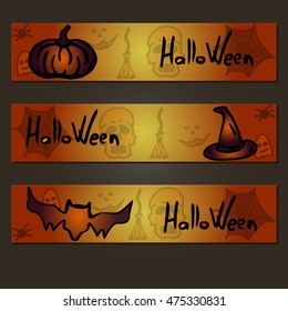A Vector rectangular cards on the theme of Halloween. Images of a pumpkin, hats and bat. Holiday in October. Halloween inscription. It can be used for packaging, invitations, greeting cards, etc.