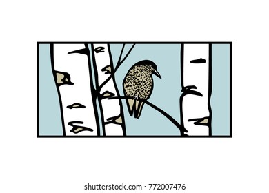 Vector rectangular emblem with hand drawn bird sitting on a birch branch. Ink drawing, graphic style. Beautiful floral design elements.
