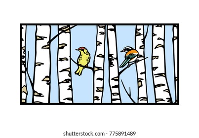 Vector rectangular emblem with hand drawn birds sitting on birch branches. Ink drawing, graphic style. Beautiful floral design elements.