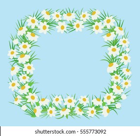 Vector rectangular floral frame in flat style. White flowers, green leaves and grass isolated on a blue background. For decoration and design greeting cards, invitations, weddings, birthday