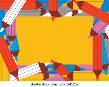 Vector rectangular frame with colored pencils of the trending palette on a yellow background and space for copying. Concept drawing