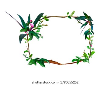 Vector rectangular frame consisting of blossoming flowers, branches, leaves, buds Wreath, floral and herbs garland. Botanic design green ornament concept in lowpoly style isolated on white