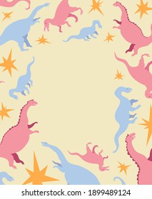 Vector rectangular frame with cute colorful dinosaurs and stars. Cool dinos, for kids, kawaii reptiles, velociraptor, brontosaurus. Greeting card, poster, leaflet, banner