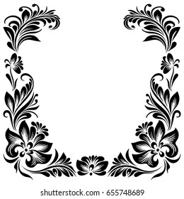 Vector  rectangular frame for design with a stylized floral ornament, black and white decoration in a folk style with decorative flowers