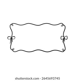 Vector rectangular frame made of black ribbon with waves, loops and bows. Retro doodle style. For congratulations, weddings and invitations. Horizontal template. Illustration on isolated background.