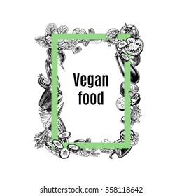 Vector rectangular frame of vegetables. Black and white sketch. Vegan food. Design for background. Carrot pepper broccoli eggplant cucumber cabbage beets tomato cauliflower. Vector illustration.
