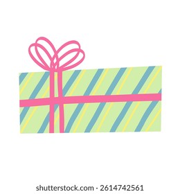 Vector rectangular gift box with diagonal stripes and bow. Hand drawn colorful present illustration. Cute pastel wrapping for holiday or celebration.