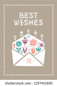 Vector rectangular greeting card for Valentine's Day. Open envelope with growing flowers and lettering I Love You.