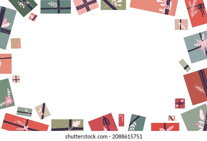 Vector rectangular holiday frame with hygge gift boxes with ribbons and branches decorations. Card with presents in pastel colors and stems with foliage and copy space for banner and invitation