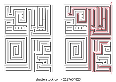 Vector rectangular labyrinth with entry and exit. Difficulty level - hard. Maze with solution - red passing route. Children logic game for brain training isolated on white background.
