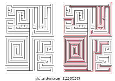 Vector rectangular labyrinth with entry and exit. Difficulty level - hard. Maze with solution - red passing route. Children logic game for brain training isolated on white background.