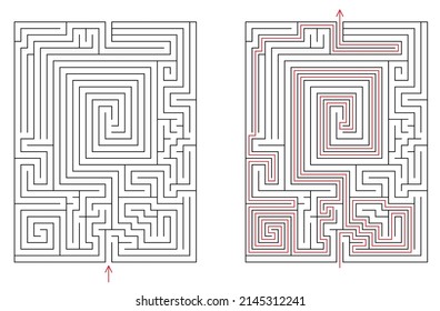 Vector rectangular labyrinth with entry and exit. Difficulty level - hard. Maze with solution - red passing route. Children logic game for brain training isolated on white background.