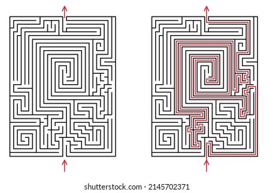 Vector rectangular labyrinth with entry and exit. Difficulty level - hard. Maze with solution - red passing route. Children logic game for brain training isolated on white background.