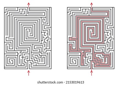 Vector rectangular labyrinth with entry and exit. Difficulty level - hard. Maze with solution - red passing route. Children logic game for brain training isolated on white background.