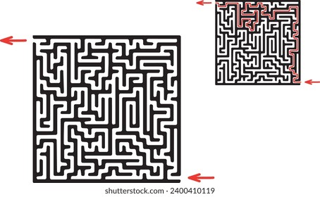 Vector rectangular labyrinth with entry and exit. Difficulty level - medium. Maze inside cave flat view from top. Children logic game for brain training isolated on white background.