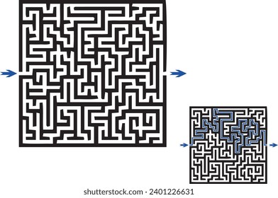 Vector rectangular labyrinth with entry and exit. Difficulty level - medium. Maze inside cave flat view from top. Children logic game for brain training isolated on white background.