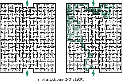 Vector rectangular labyrinth with entry and exit. Difficulty level - hard. Maze with solution - red passing route. Children logic game for brain training isolated on white background
