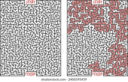 Vector rectangular labyrinth with entry and exit. Difficulty level - hard. Maze with solution - red passing route. Children logic game for brain training isolated on white background