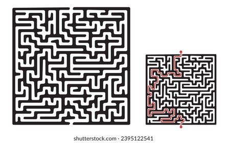 Vector rectangular labyrinth with red passing route. Difficulty level - easy. Maze in a shape of mole hole inside the ground. Children logic game for brain training isolated on white background.