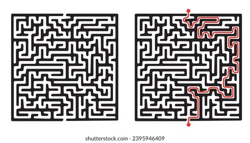 Vector rectangular labyrinth with red passing route. Difficulty level - easy. Maze in a shape of mole hole inside the ground. Children logic game for brain training isolated on white background.