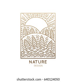 Vector rectangular logo of nature elements. Linear icon of landscape with trees, river, fields and sun - business emblems, badge for a travel, farming and ecology concepts, health and yoga Center.