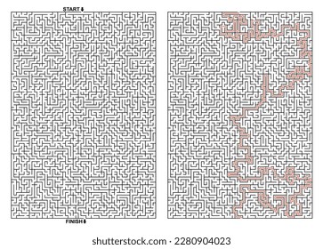 Vector rectangular Maze - Labyrinth with Included Solution in Black  Red.  Labyrinth of high complexity