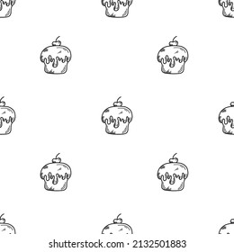 Vector rectangular pattern with croissants, cupcake and a cup of coffee in doodle style. A pattern with pastries for cafes, menus, packaging, postcards.